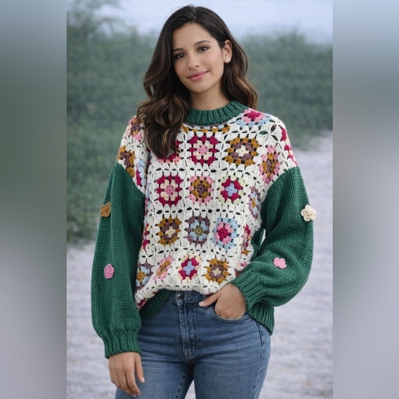 Listicle Sweaters - Listicle Granny Square Crochet Cardigan Sweater Green Multicolor Size M
